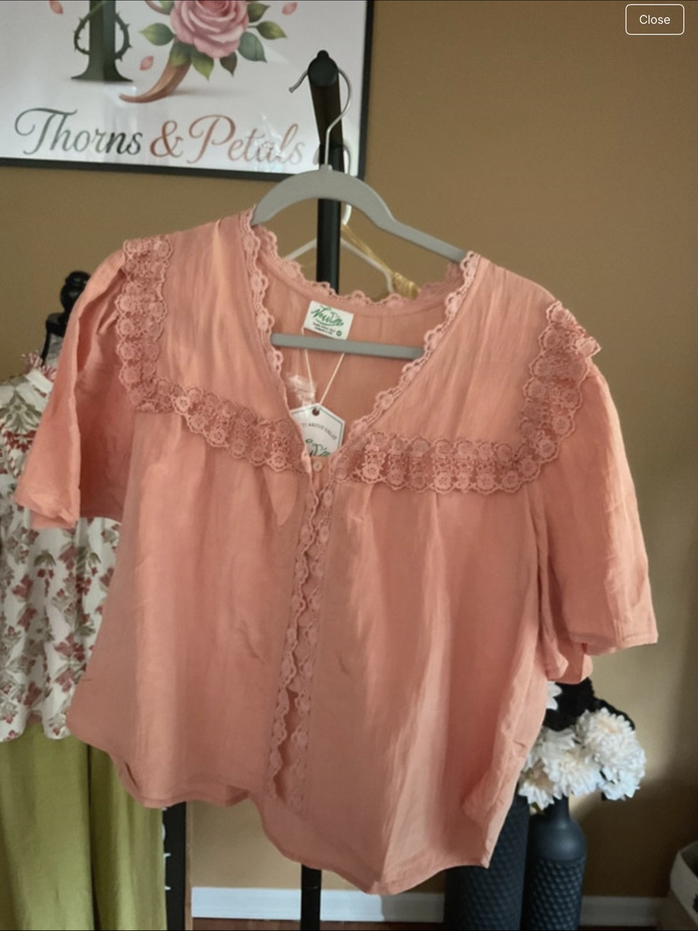Very J Coral Lace-Trim Short Sleeve Blouse
